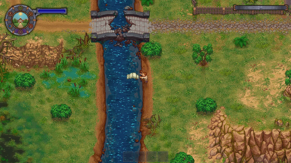 Graveyard Keeper gameplay scene showing a broken bridge, river, fields, and the original pixel-art world
