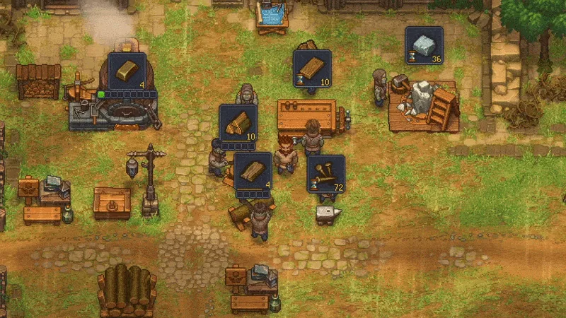Zombies working at outdoor stations with floating resource panels and workshop equipment