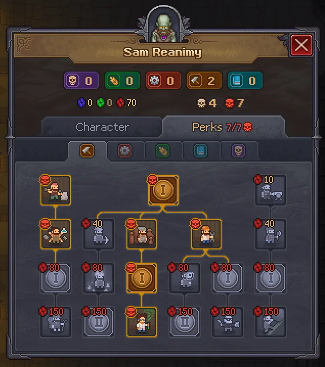 Sam Reanimy zombie character screen showing colored perk branches and red skill costs