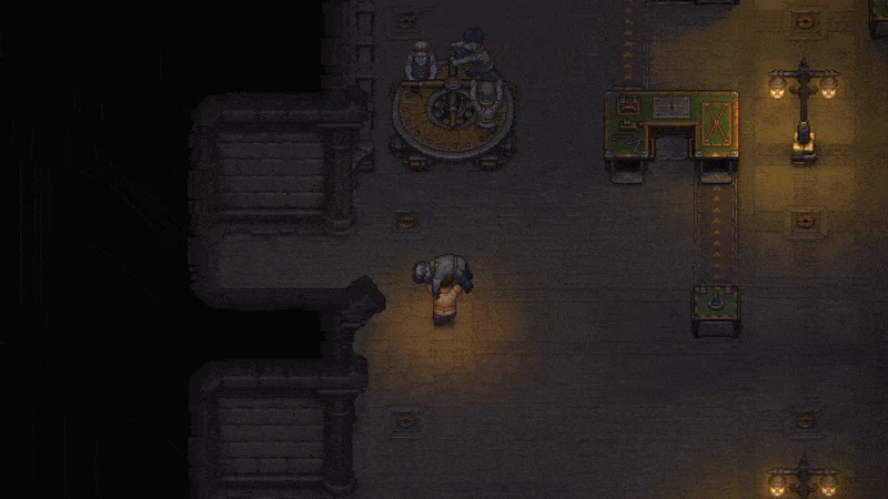 Underground factory room with a Zombie Carousel, conveyor belts, and workstations in Graveyard Keeper 2