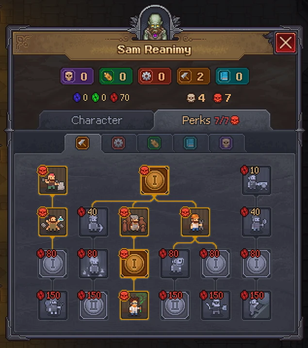 Zombie perk screen in Graveyard Keeper 2 with a named zombie, resource counters, and perk-tree panels visible