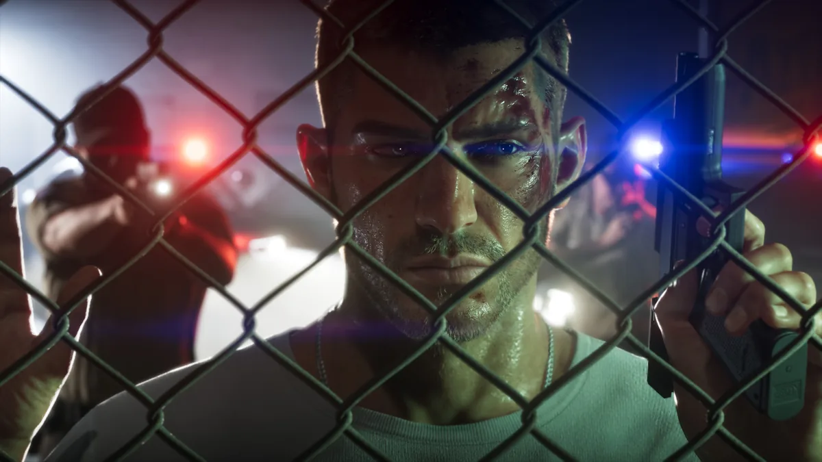 Jason Duval, bloodied and gripping a handgun, pressed against a chain-link fence as police lights flash behind him