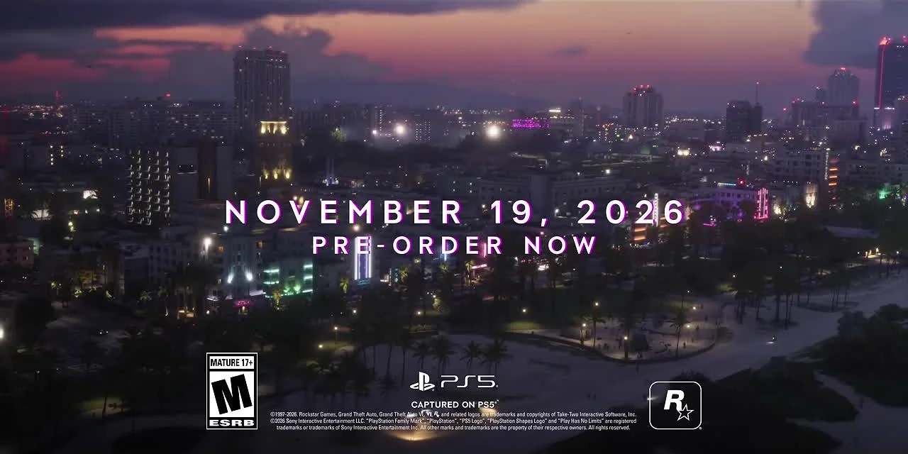 Launch trailer end card over a city skyline at dusk reading November 19, 2026 and Pre-Order Now