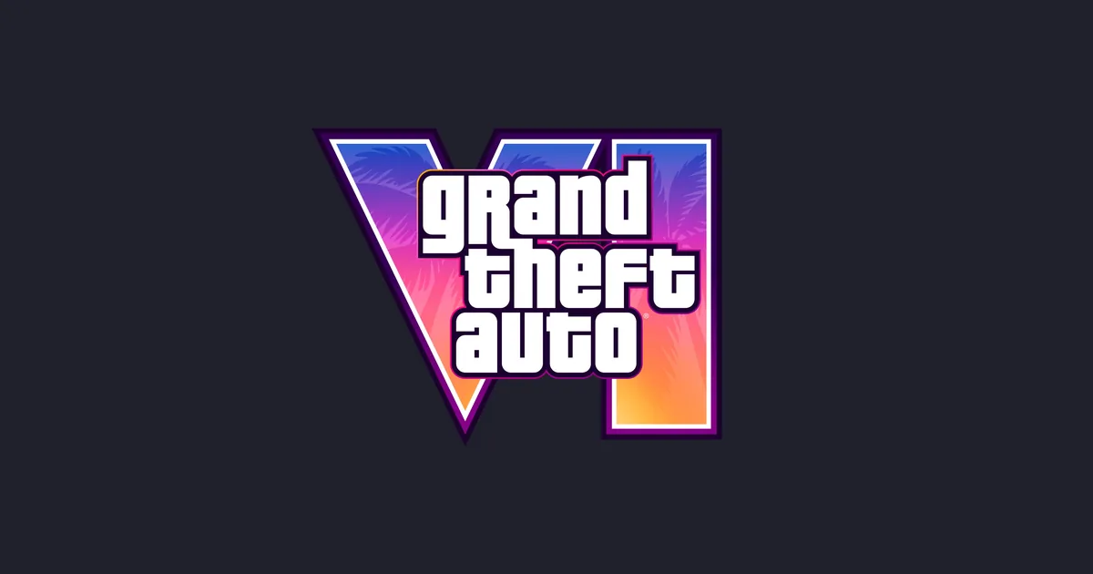 Grand Theft Auto VI logo in a neon pink, orange, and purple gradient frame