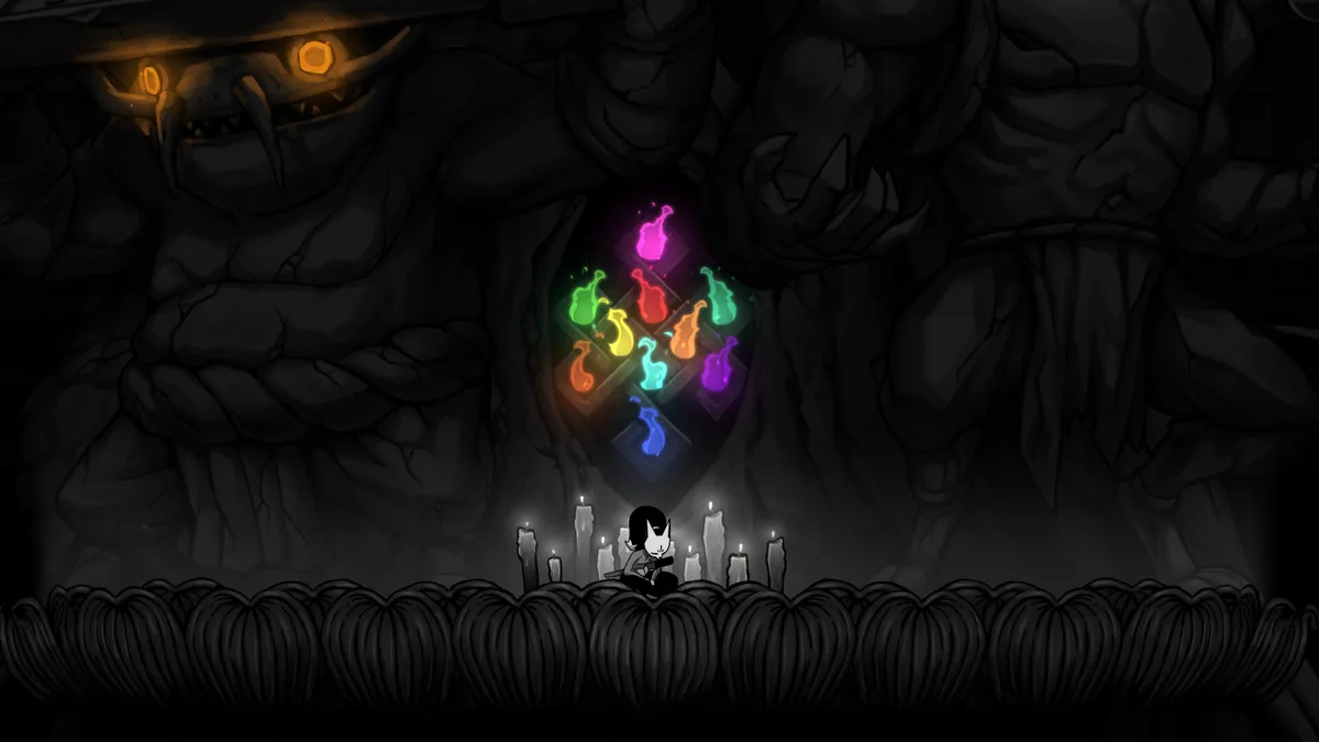 Gurei gameplay showing Rei dodging a Kami attack in a stone castle chamber with debris and spirit energy visible in the environment
