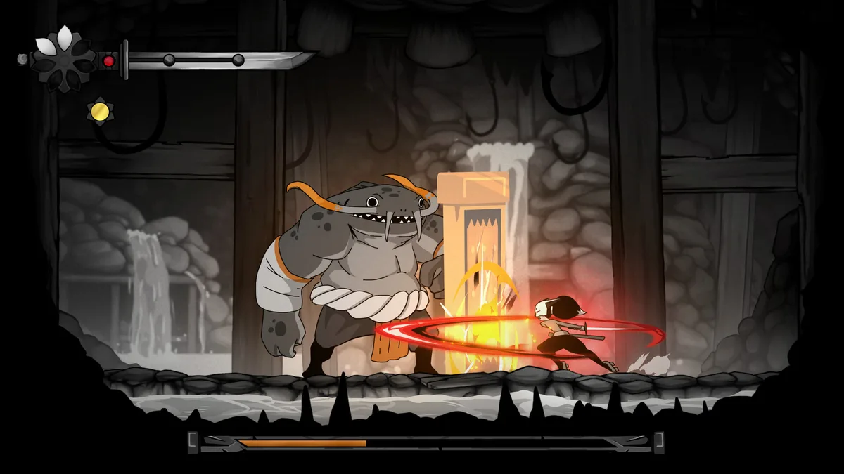Gurei castle environment showing a surreal spirit-world corridor with paper lanterns, floating debris, and a glowing spirit presence in the background