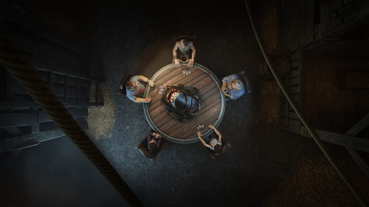 Top-down view of five players seated around a round wooden table with a device in the middle