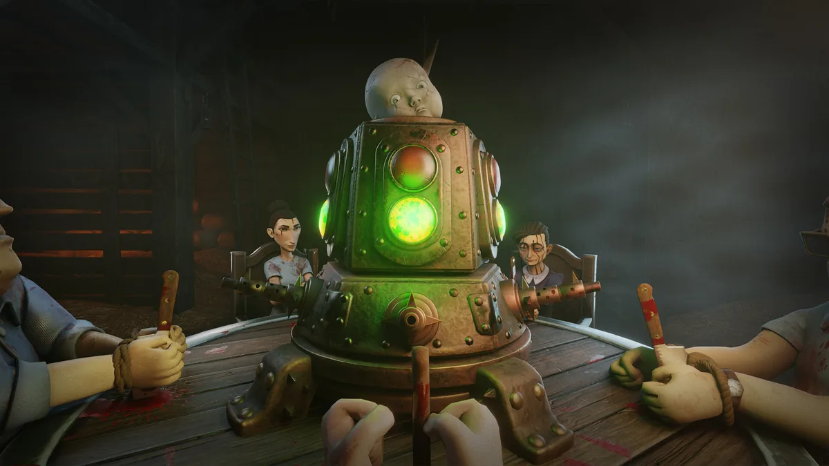 A brass traffic-light machine topped with a doll's head glows green at the centre of the table