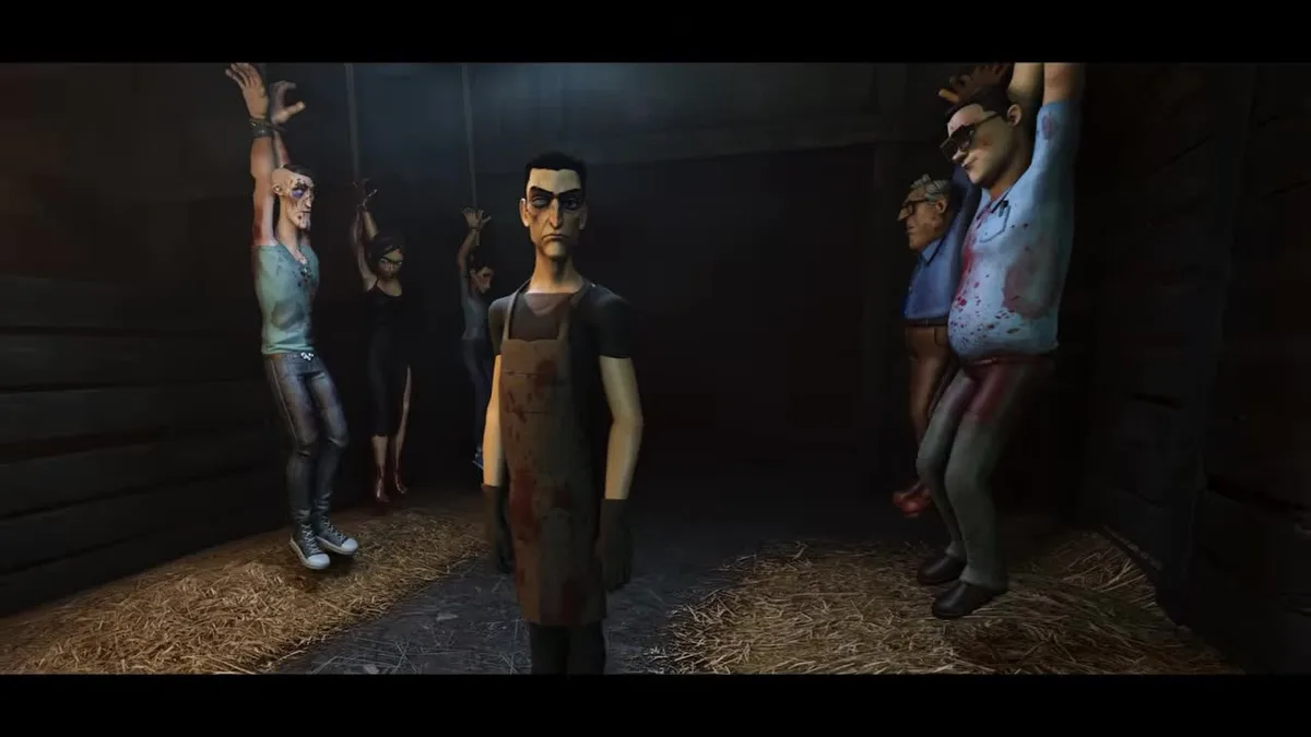 A row of battered players hanging by their wrists in a barn while a man in an apron stands in the middle