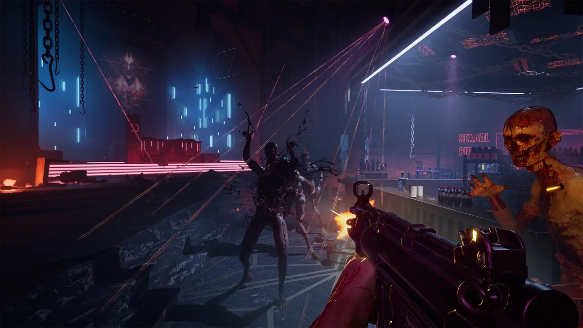 First-person submachine gun firing at lunging ghouls inside a neon-lit nightclub