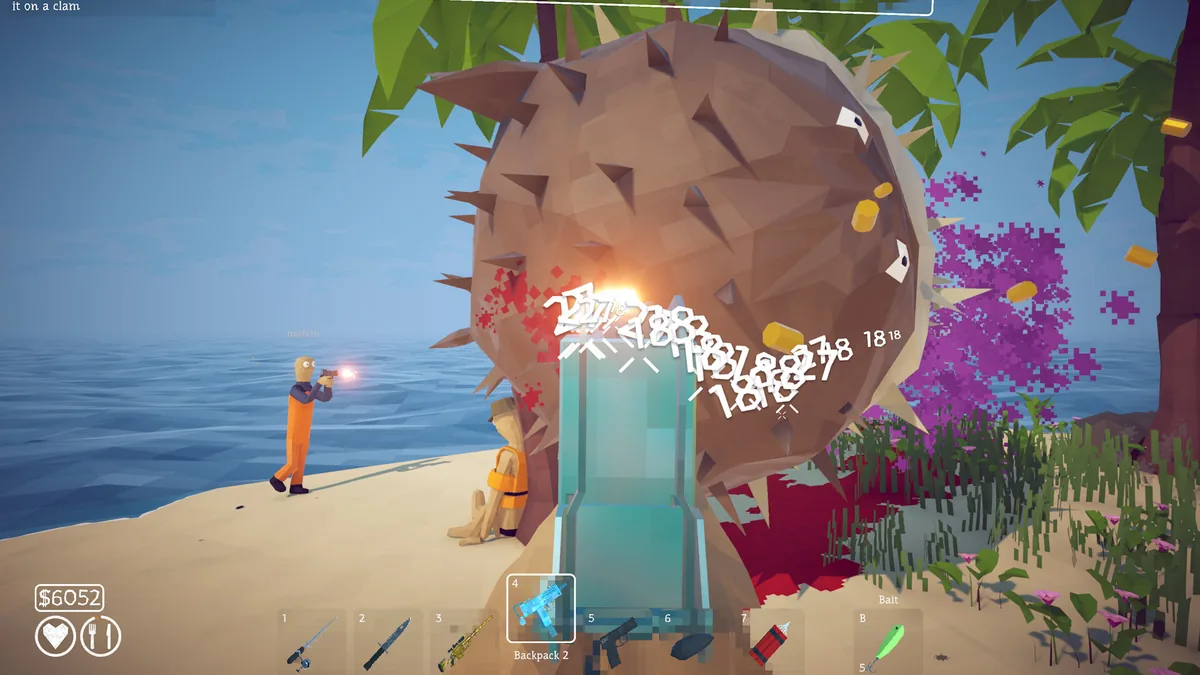 Player firing a weapon at a large spiked creature boss on a beach, damage numbers filling the screen with a $6,052 currency counter and weapon hotbar visible