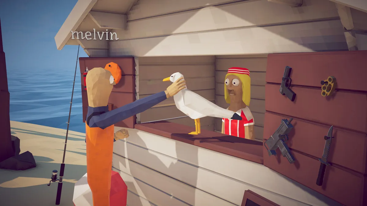 Weapon shop counter with a seagull held up by a player character, an NPC vendor behind the counter, and a pistol, brass knuckles, submachine gun and knife displayed on a wall rack