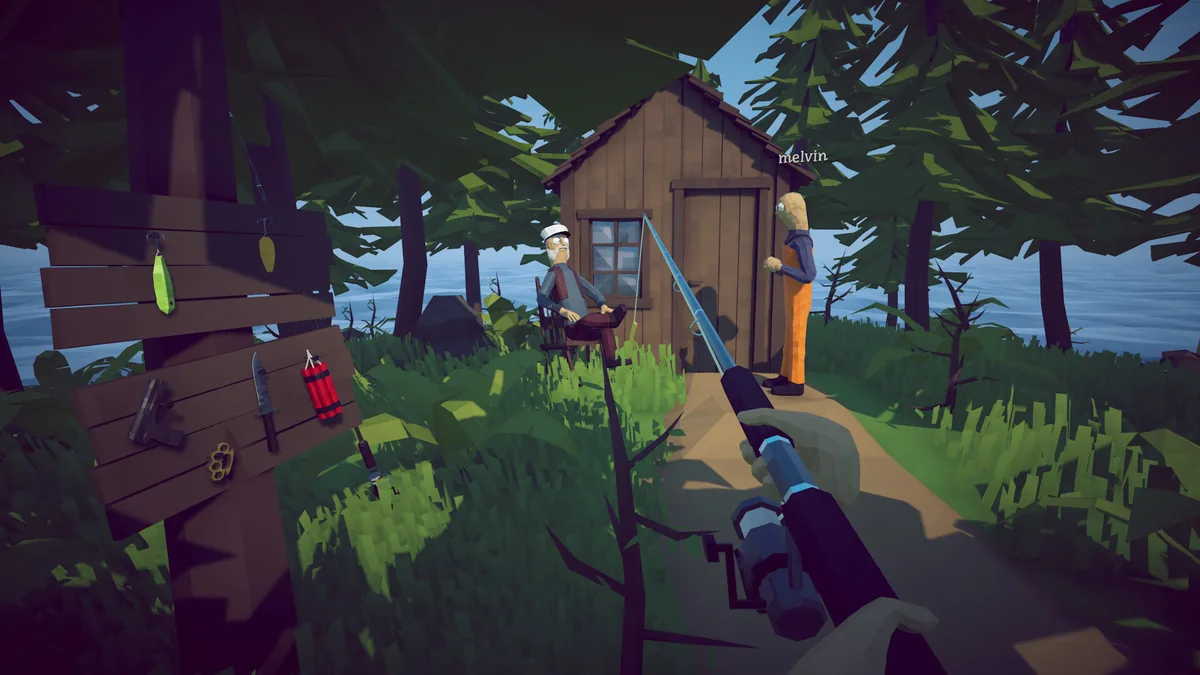 First-person bait board with a green lure, empty beer can, dynamite, knives, and other tools beside a Lighthouse Keeper
