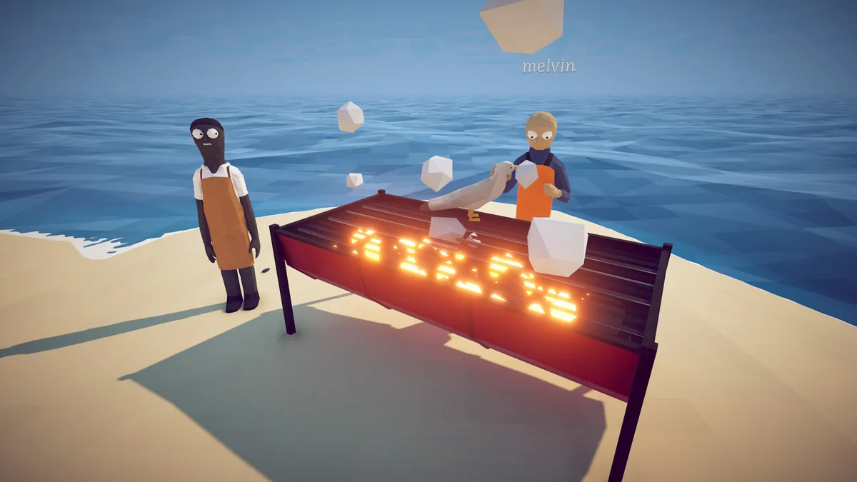 Two characters grilling a whole seagull on a beachside barbecue grill, smoke and flame visible with the ocean behind them