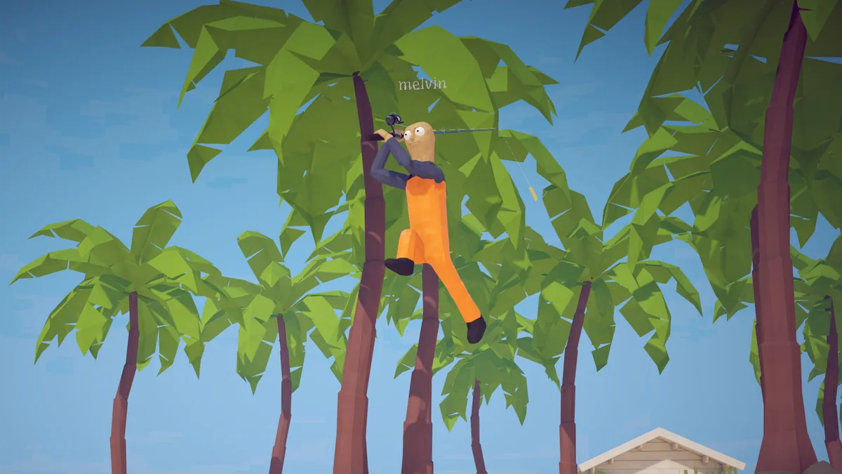 Player character in an orange jumpsuit climbing a palm tree while holding a fishing rod, several other palm trees and a distant cabin roof visible below