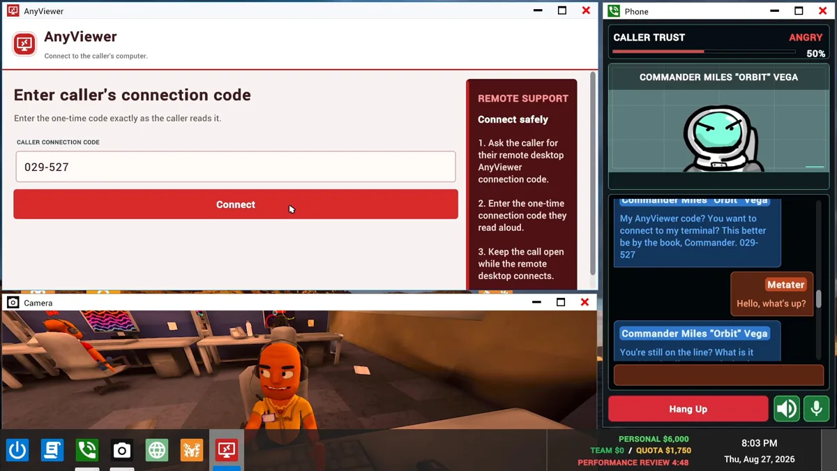 AnyViewer window asking for the caller's connection code while Commander Miles Orbit Vega talks on the phone at 50 percent Angry