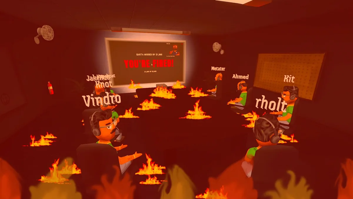 Call center meeting room on fire, workers sitting around a table facing a projector screen as flames cover the floor