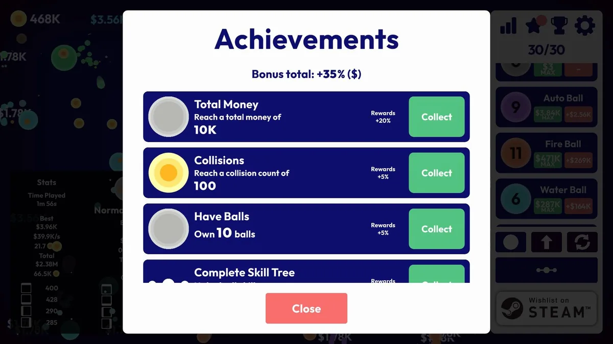 An Achievements panel lists Total Money, Collisions, Have Balls, and Complete Skill Tree goals with percentage rewards, showing a running Bonus Total of plus 35 percent, next to a shop listing Auto Ball, Fire Ball, and Water Ball