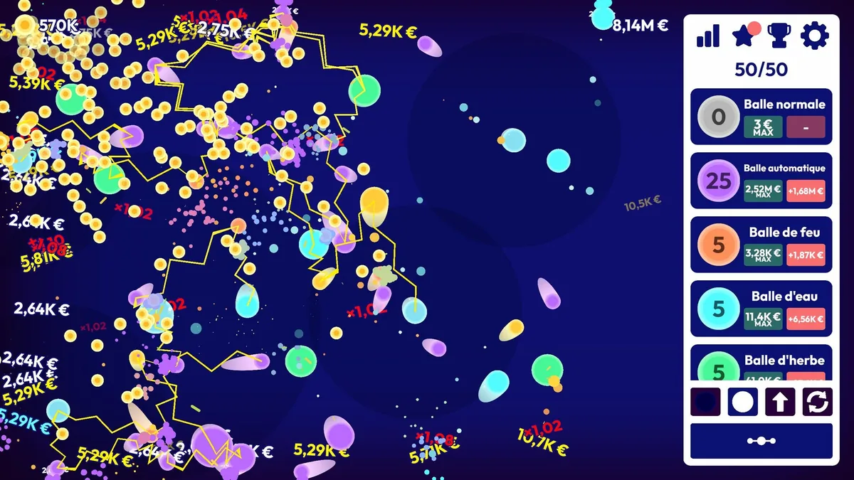 A chaotic screen shows dozens of small colored balls of different types bouncing and colliding, with large million-euro currency numbers appearing across the screen and a shop panel showing a 50 of 50 ball cap