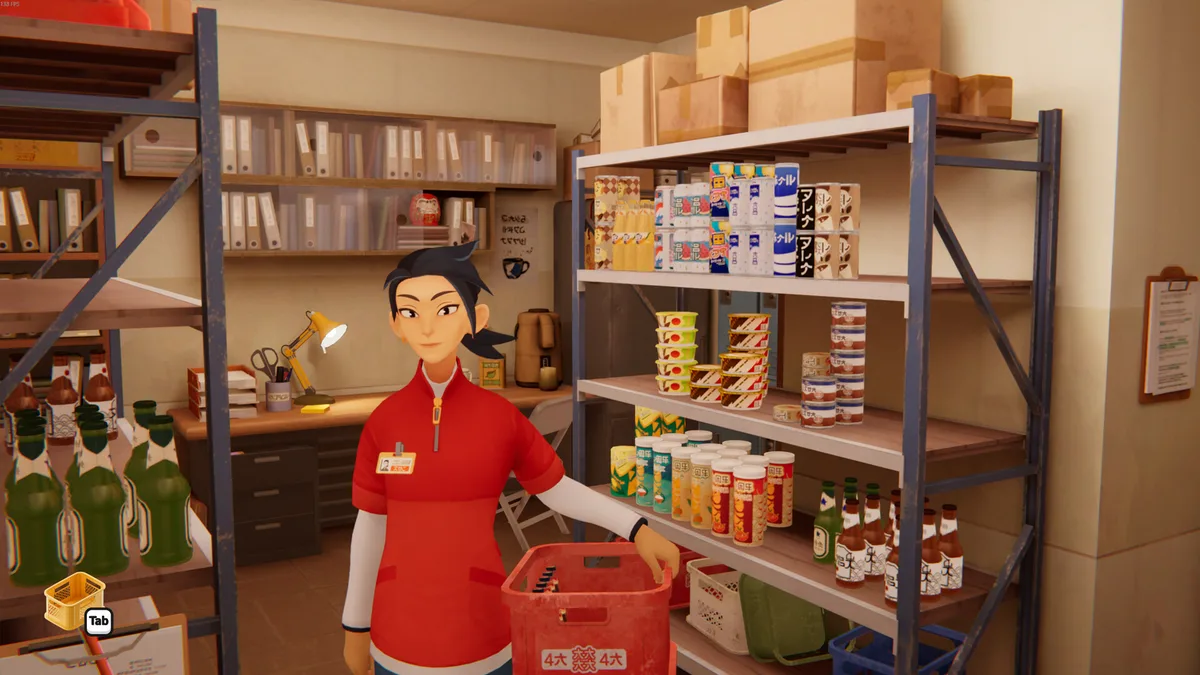 Makoto behind her aunt's early-1990s Japanese konbini counter, greeting a regular customer during an opening shift