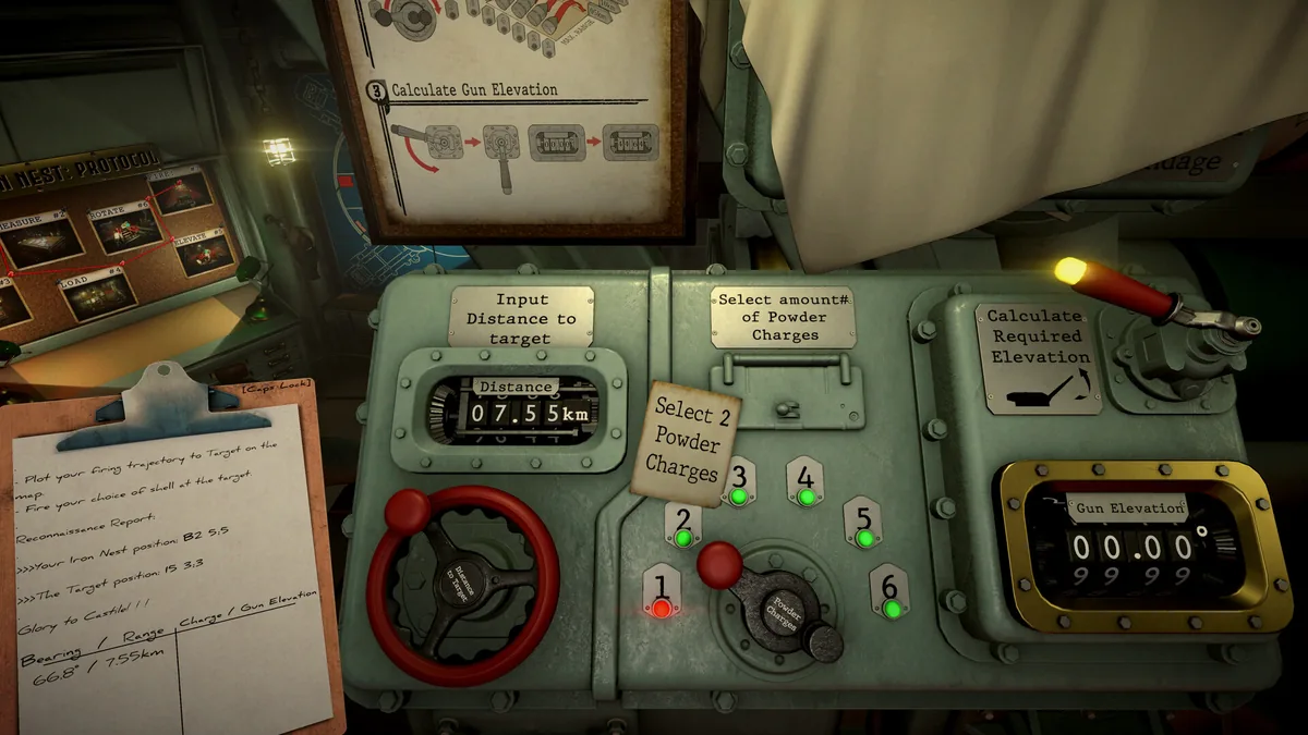 Distance-to-target dial, powder charge selector, and gun elevation calculator panel with a handwritten reconnaissance note reading Glory to Castile