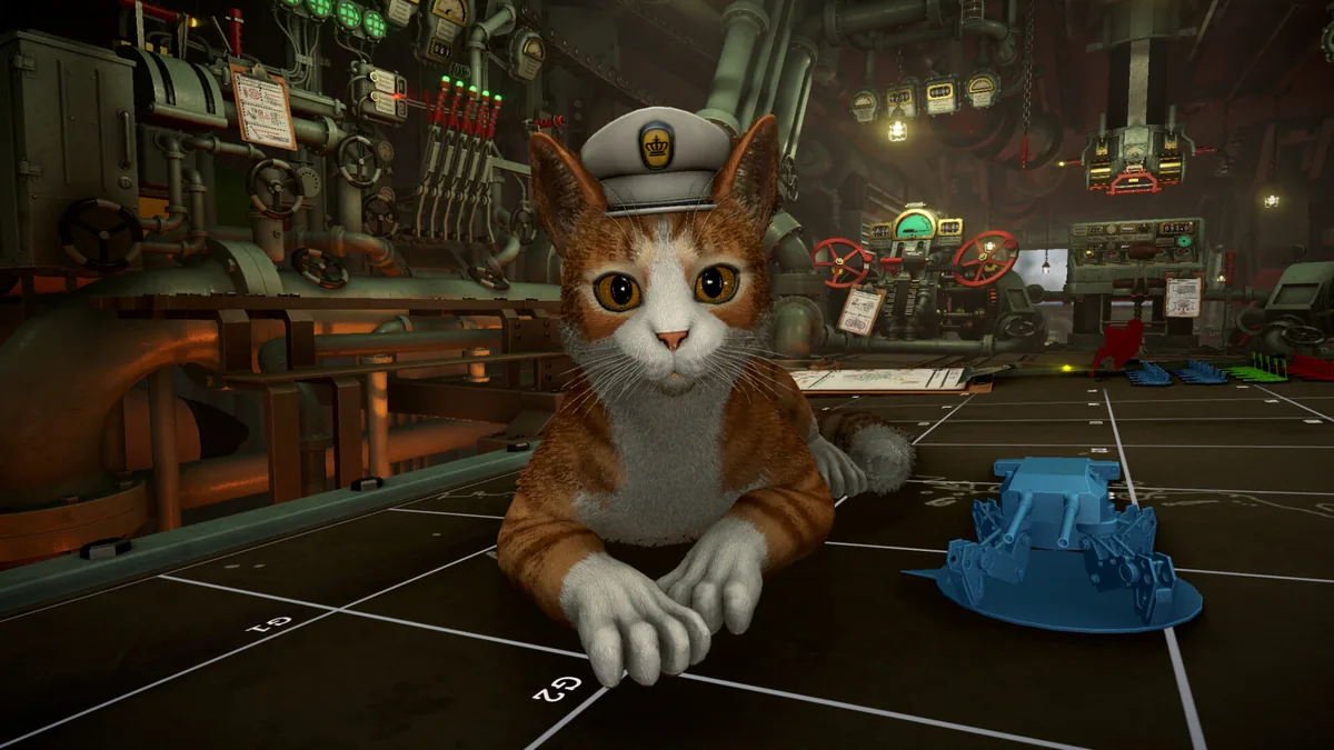The customizable ship cat wearing a captain's hat, sitting beside a miniature turret model on the tactical planning table