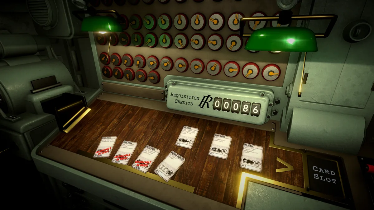Shell requisition counter and card selection screen offering AP, HE, and Star shell types locked behind requisition credits
