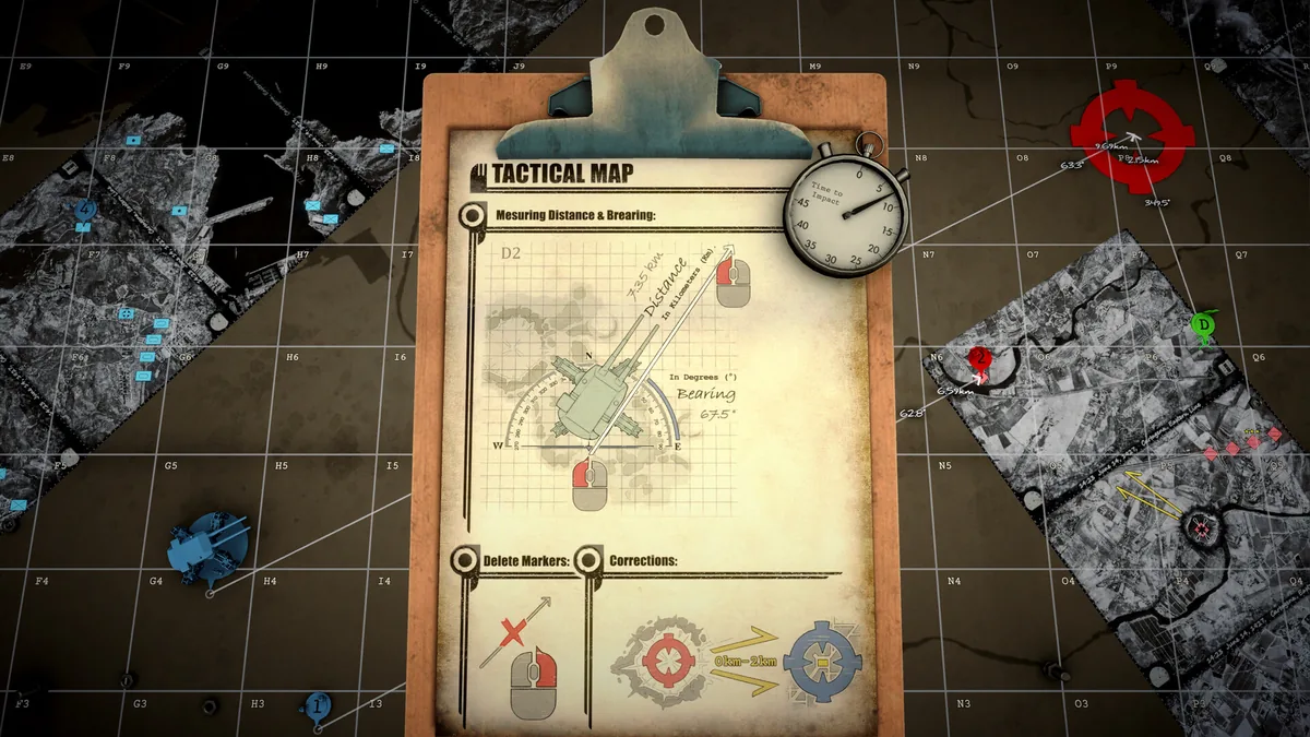 Tactical map clipboard showing distance and bearing measurement tools plus a stopwatch labeled time to impact over a grid battlefield