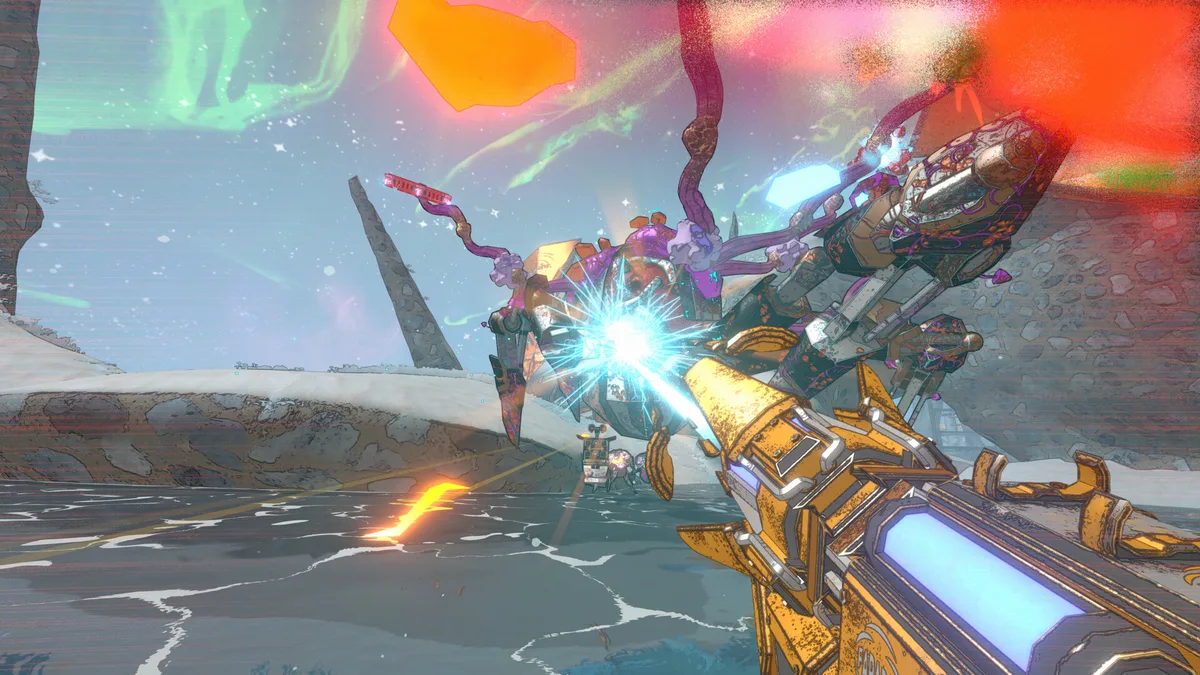 A gold rifle fires at a large tentacled machine on an icy shoreline with pale rock spires behind it