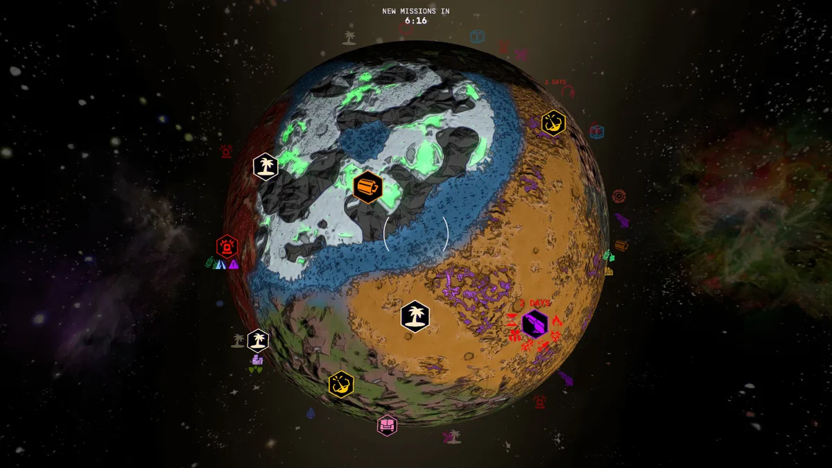 A rotating planet map with mission icons scattered over orange and blue terrain and a countdown to new missions