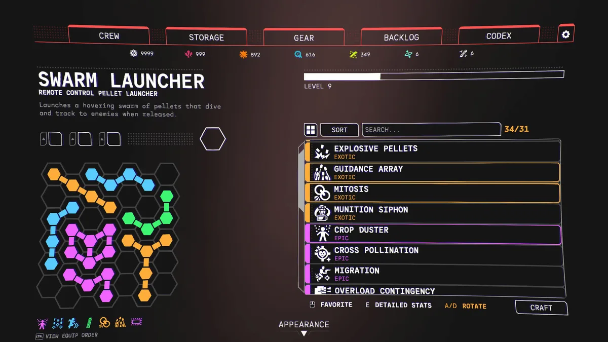 The Swarm Launcher upgrade screen, a hexagonal grid filled with colored pieces next to a list of exotic and epic upgrades