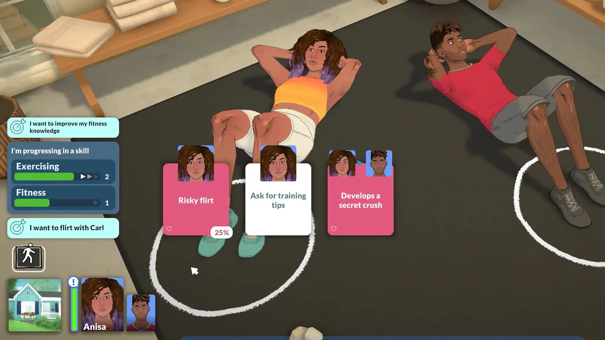 Paralives social interaction UI showing two Parafolk exercising with choice cards including Risky flirt and Ask for training tips