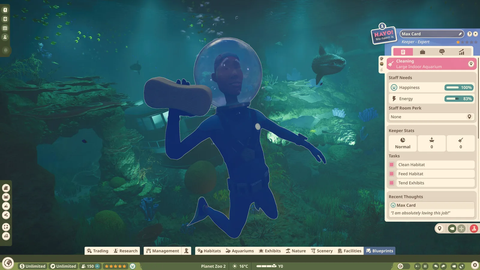 A keeper in a diving helmet carries supplies through an aquarium while a staff panel lists cleaning and feeding tasks
