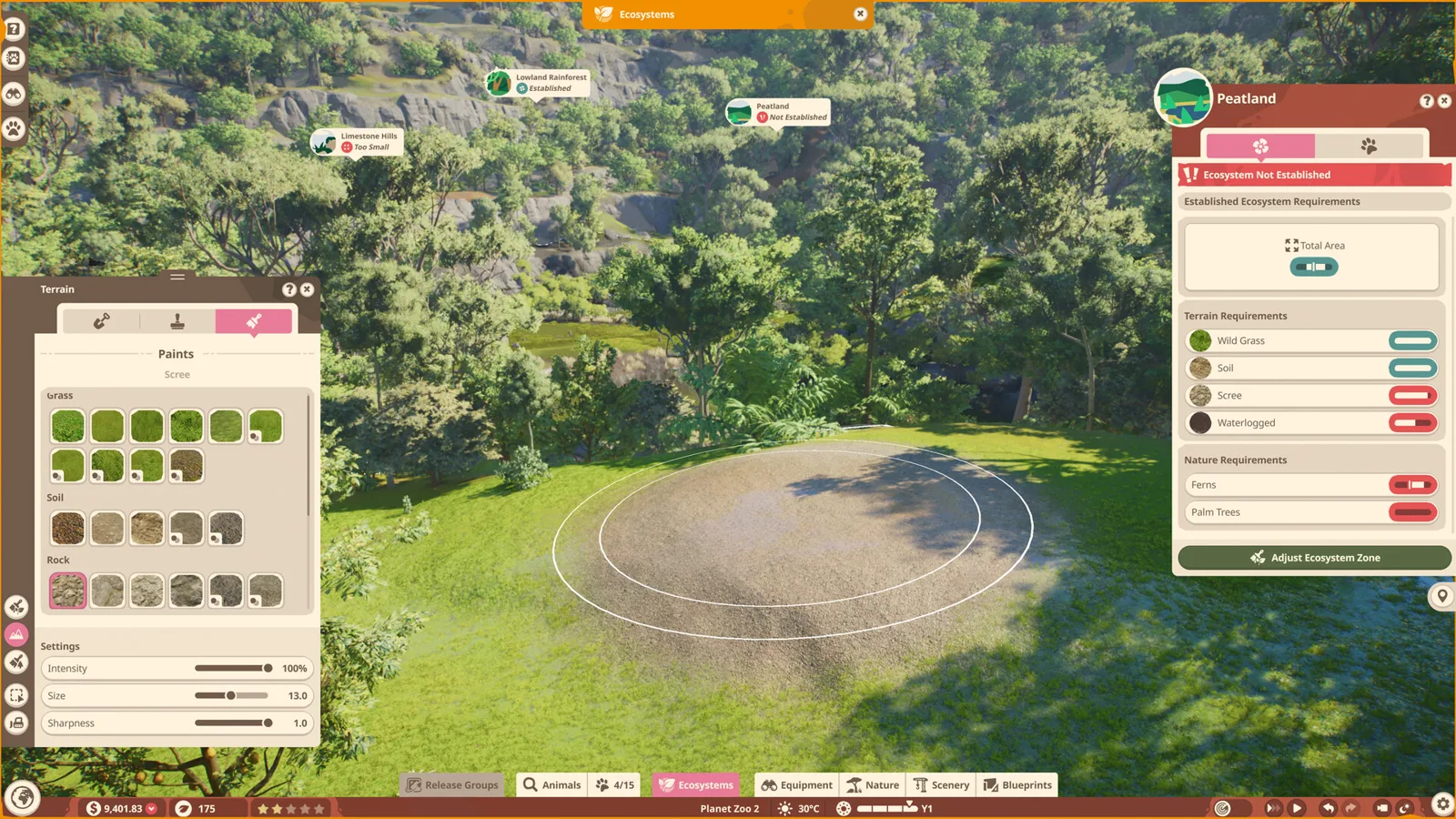 The Peatland ecosystem panel shows unmet terrain and nature requirements next to a terrain paint menu over open grassland