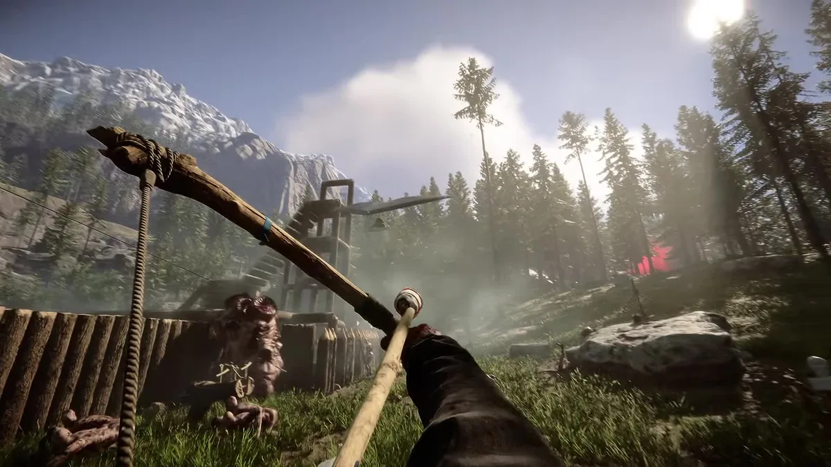 First-person view drawing a bow at a mutant behind a log wall, with snowy mountains and a wooden tower in the background