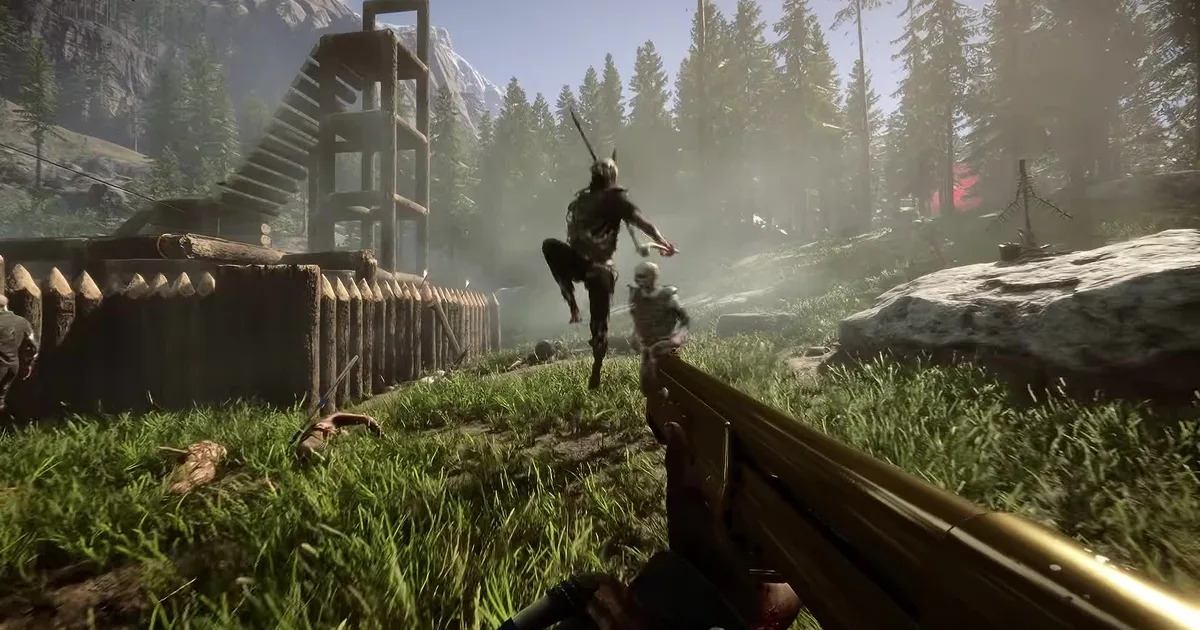 First-person shotgun aimed at a masked cannibal leaping past a log palisade and a wooden watchtower in a forest clearing