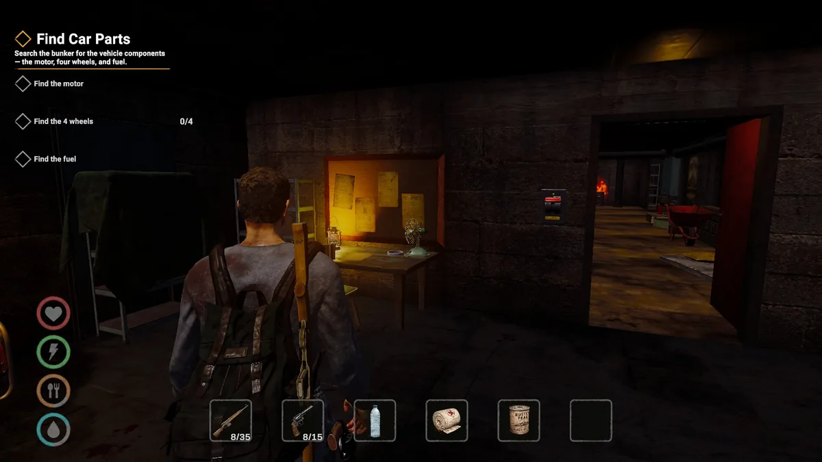 A quest log reads Find Car Parts with objectives to find the motor, find 4 wheels, and find fuel, next to a survivor's hotbar showing a rifle, revolver, water bottle, and bandage
