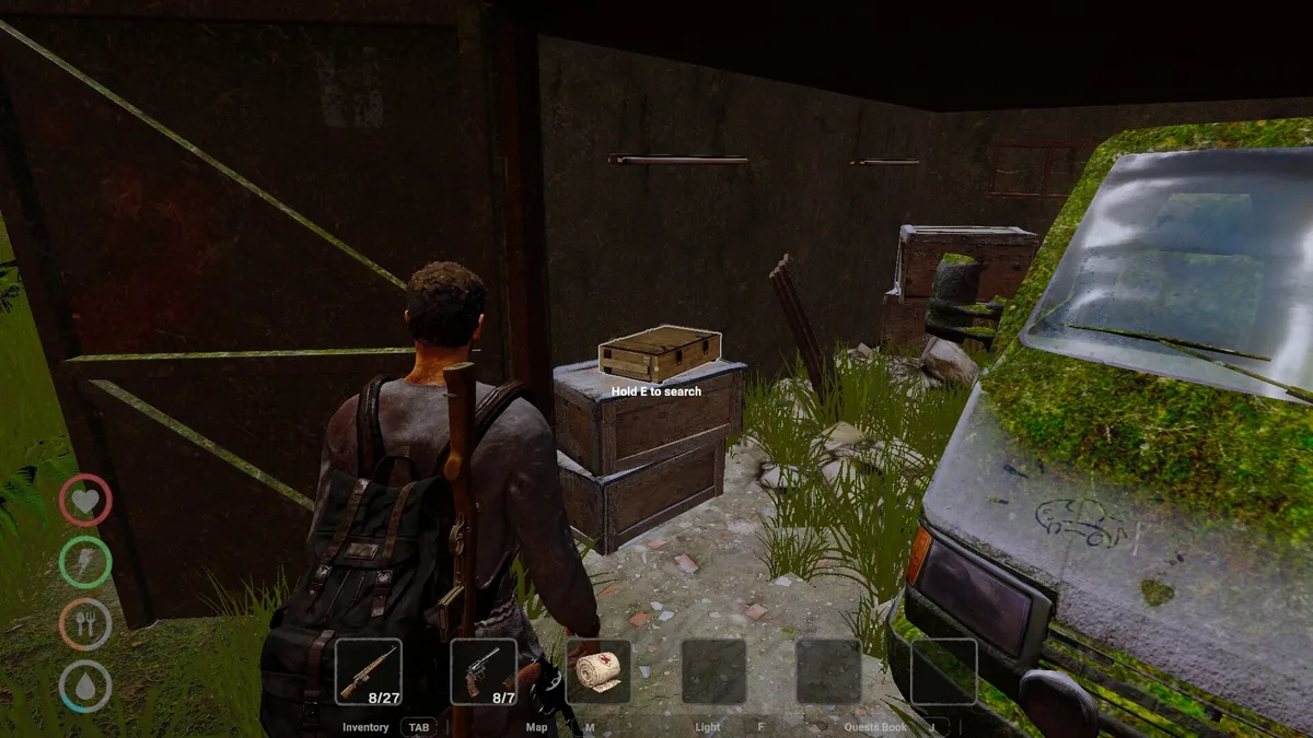 A survivor searches storage crates marked Hold E to search near an abandoned, moss-covered car, with depleted health and stamina icons visible on the HUD