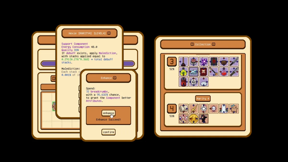 A component card for Hexie, a Rarity 4 Level 4 Support Component with a specific Malediction debuff effect, next to an Enhance panel showing a 72 breadcrumb cost and a 95.632% success chance