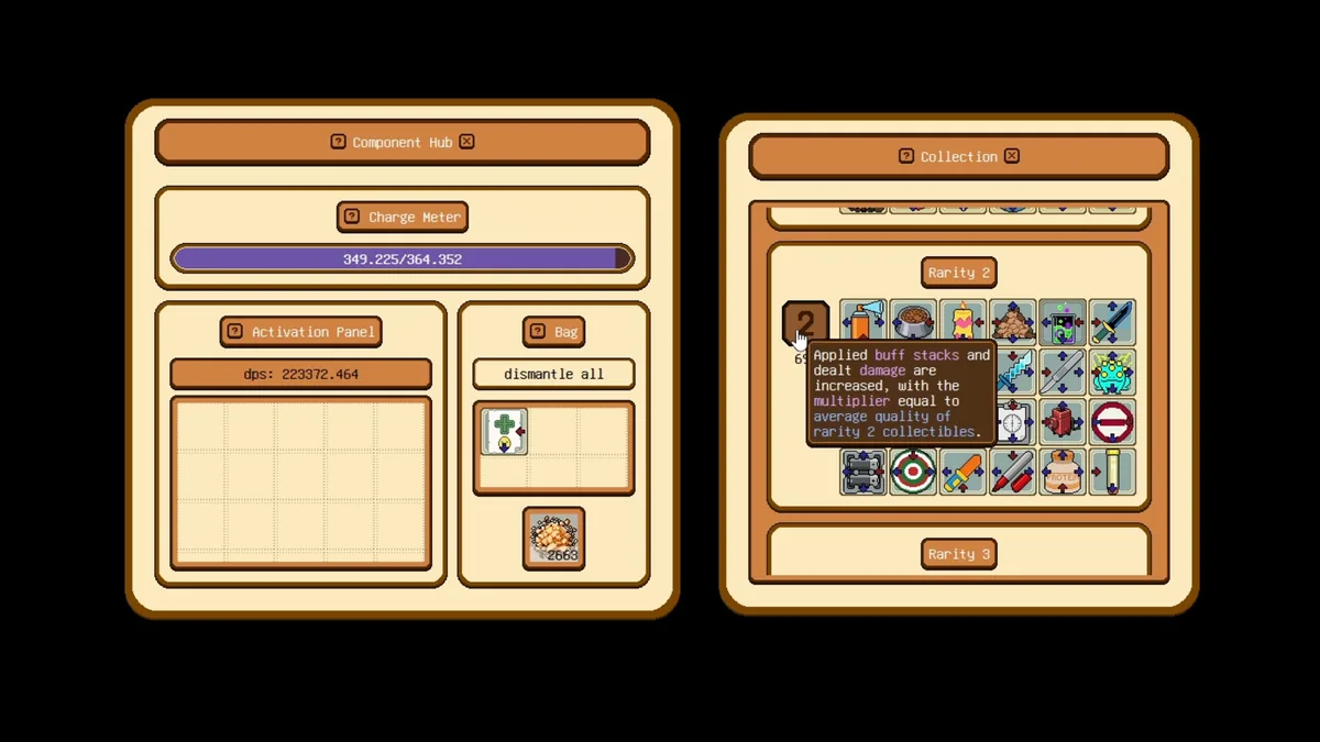 A Component Hub panel shows a Charge Meter, an empty Activation Panel grid with a dps readout, and a Collection panel listing Rarity 2 components with a tooltip about average quality buff stacking
