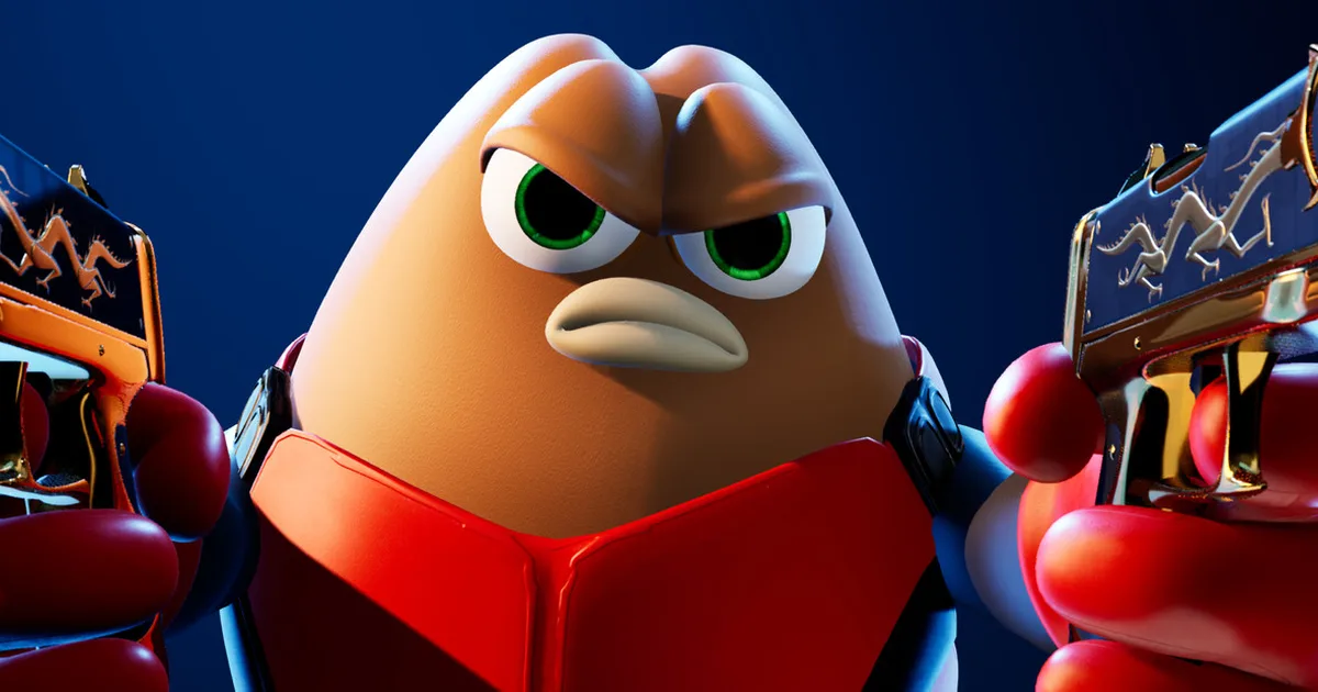 Killer Bean character mid-gunfight on a procedural jungle island, ragdoll enemies flying in the background