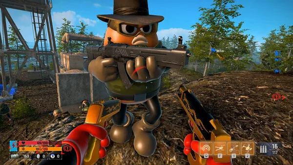 Large bean enemy in fedora and sunglasses points gun at point-blank range in a forest level