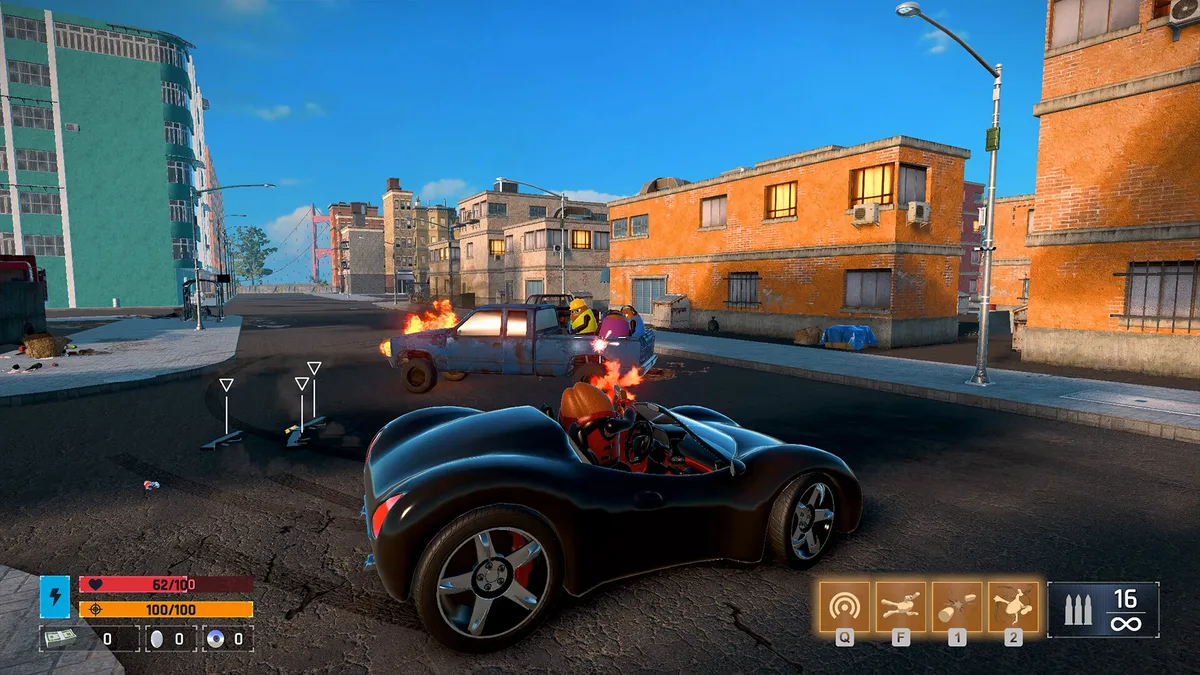 Killer Bean firing from a convertible car while chasing an enemy pickup truck through a city street