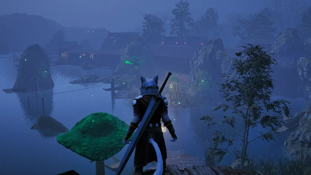 Kristala feline warrior overlooking a misty village of stilt houses at dusk