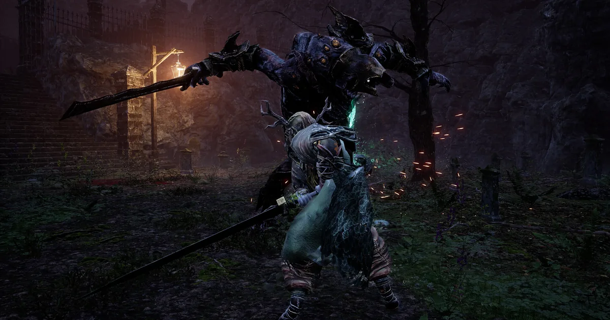 Kristala feline warrior facing a large dark armored greatsword boss in a torch-lit graveyard arena at night
