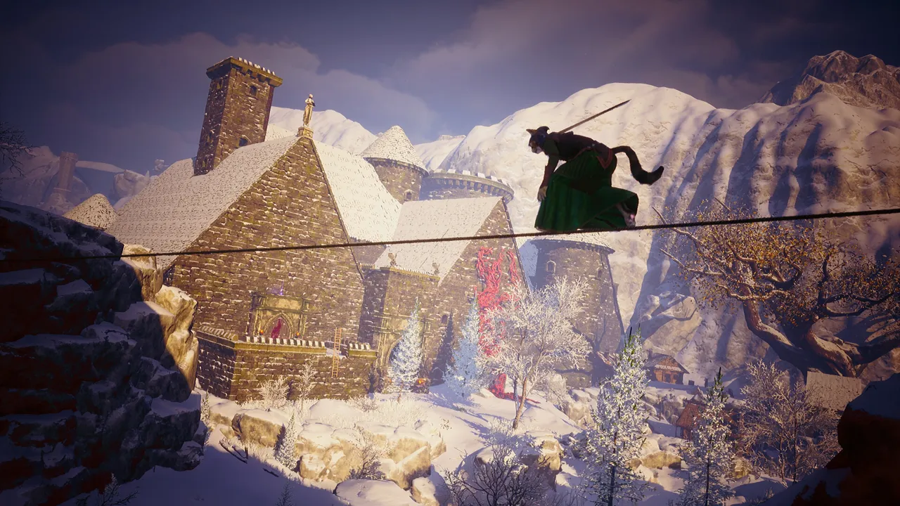 A cat-like warrior in a dark cloak balances on a rope strung above a snow-covered stone village, mountains behind