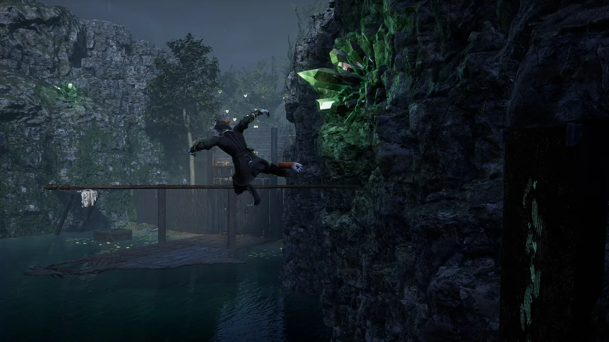 Kristala feline character leaping across a wooden plank over a dark water-filled ravine lit by green crystals