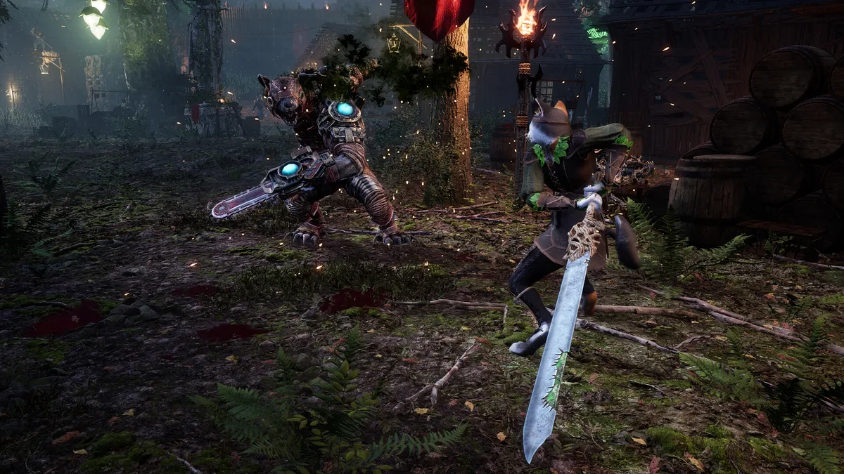 Kristala feline warrior traversing ruined stone arches above a fog-filled valley with glowing Kristal deposits visible in the chasm below