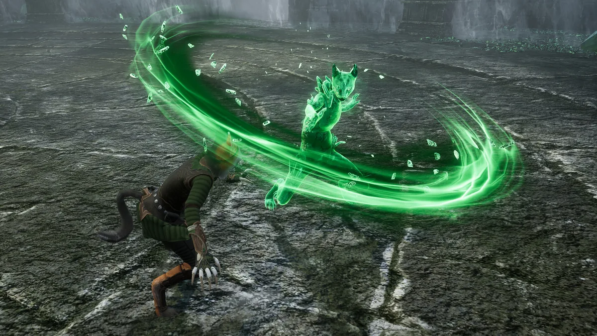 Kristala feline warrior unleashing a swirling green energy spell against a small foe on a stone arena floor