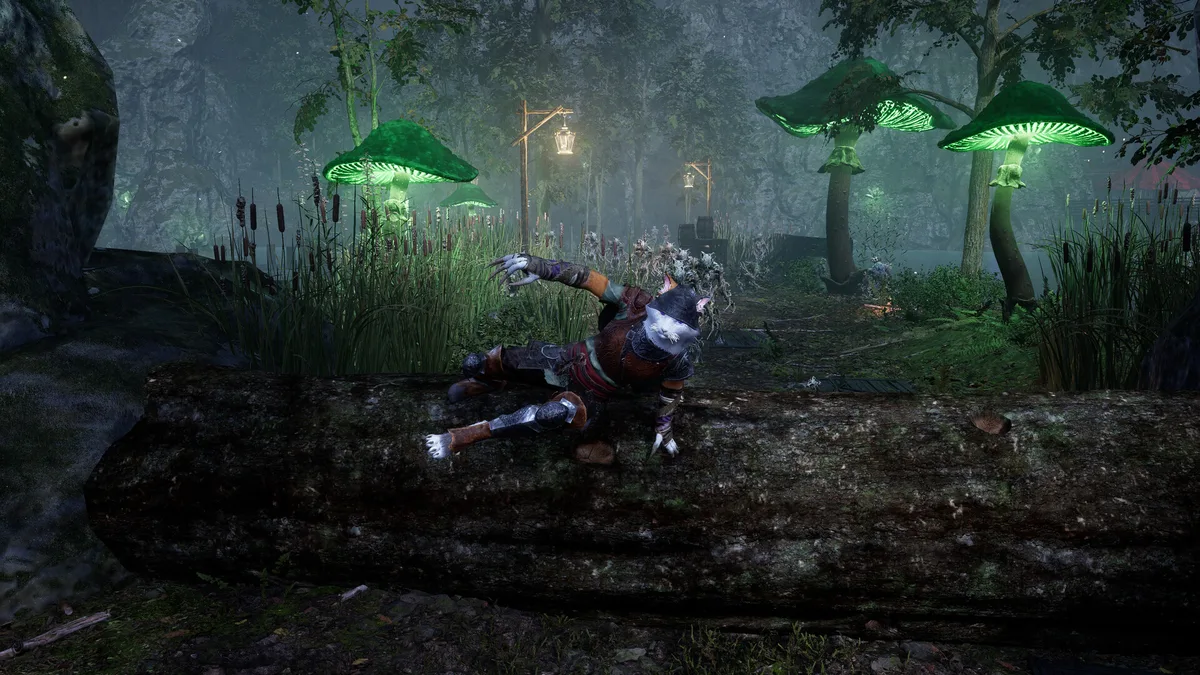Kristala feline character in dark armor moving through a misty forest with glowing green bioluminescent mushrooms lit from below